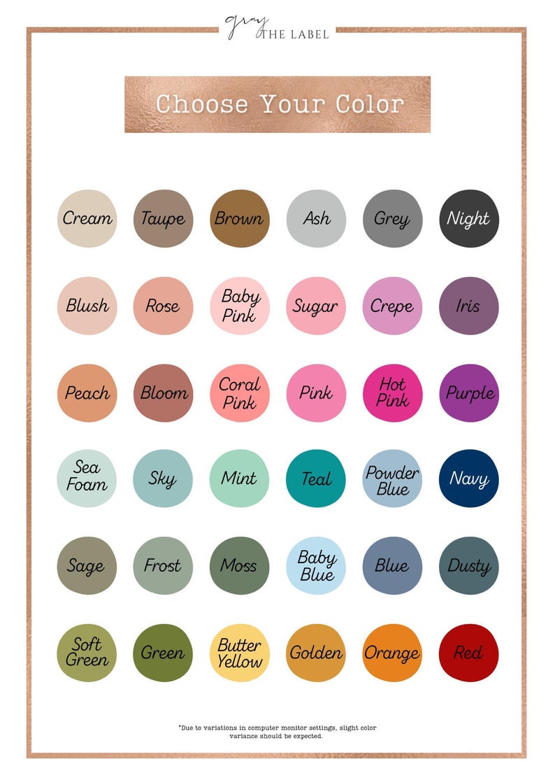 The image is a color selection guide with various shades of brown, grey, green, and other colors displayed in a grid format.