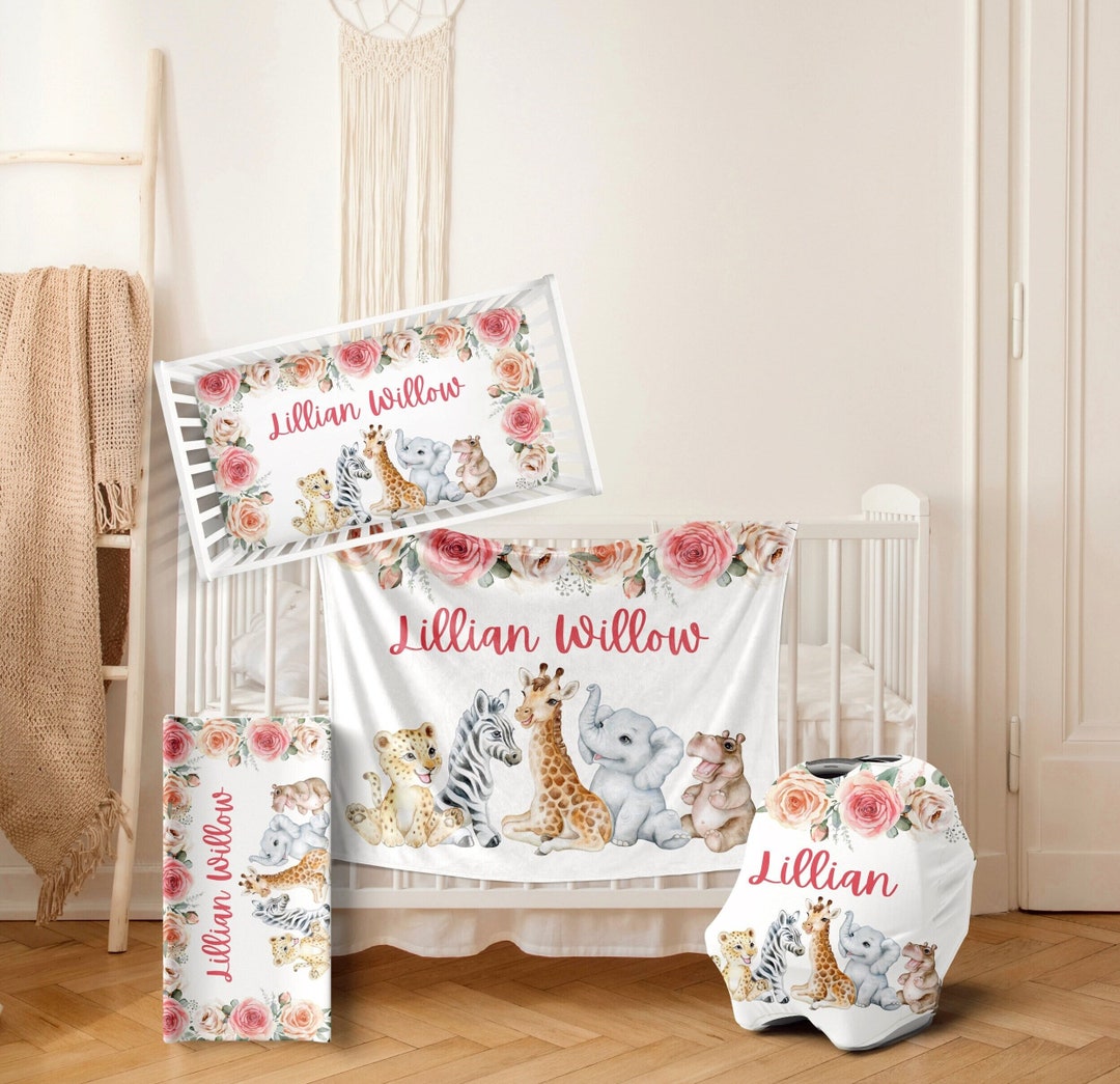 Pink Floral Safari Crib Bedding Set Personalized Baby Girl Blanket Baby