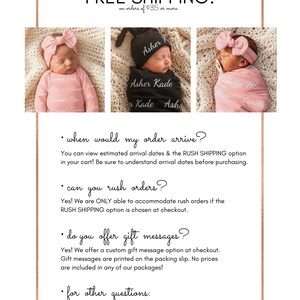 May include: Three infants wearing personalized swaddles and headwear. One infant wears a pink swaddle with a matching bow headband, another a black swaddle with a knotted hat, and the third a pink swaddle with a bow headband and pacifier.