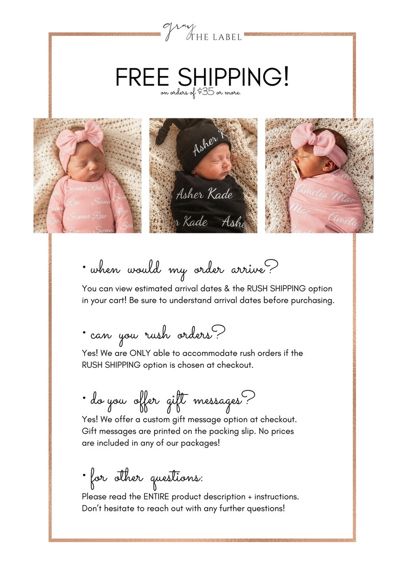 May include: Three infants wearing personalized swaddles and headwear. One infant wears a pink swaddle with a matching bow headband, another a black swaddle with a knotted hat, and the third a pink swaddle with a bow headband and pacifier.
