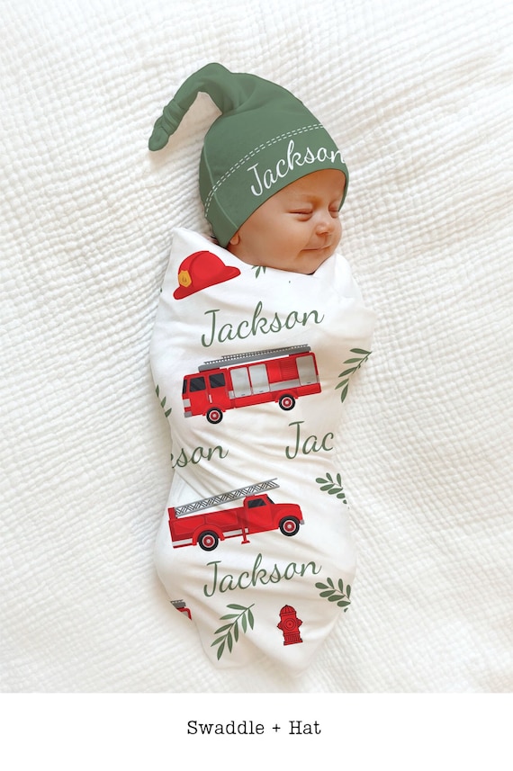 Personalized Firetruck Swaddle Set - Baby Shower Gift for Firefighter Hospital Name Announcement Red Custom Fireman Blanket Hat Set