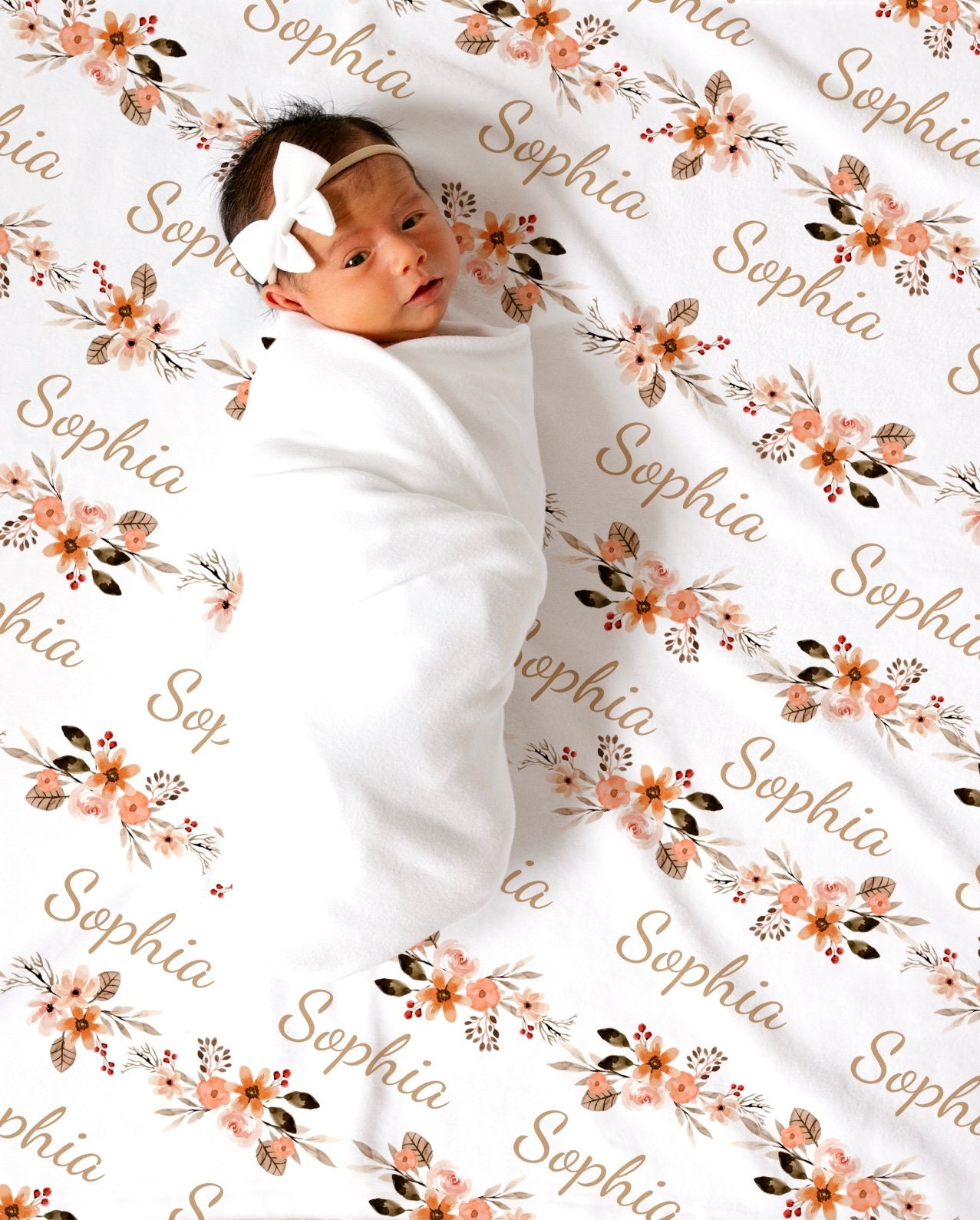 PERSONALISIERTE Wickeldecke mit Pfirsich-Blumenmuster für Neugeborene, Mädchen, Coming-Home-Outfit, Name, Babydecke, Babyparty-Geschenk, Krankenhaus-Foto-Outfit
