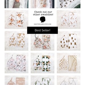 May include: A collection of baby swaddles and matching hats with various patterns, including floral, giraffe, and cactus designs. The image also features the text "Check out our other swaddles!" and "Best Seller!"