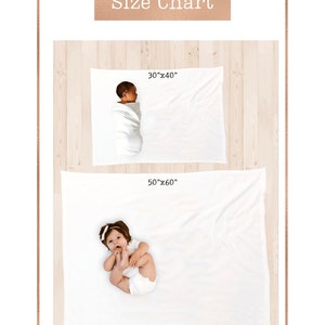 May include: Size chart for baby blankets showing two white blankets with babies on them. The smaller blanket is 30 inches by 40 inches and the larger blanket is 50 inches by 60 inches. The text "*50"x60" Recommended for Milestone Blankets" is at the bottom of the image.