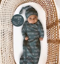 BABY NAME Swaddle Blanket, Baby Gown, Hat, Headband, Birth Stat Sign Set