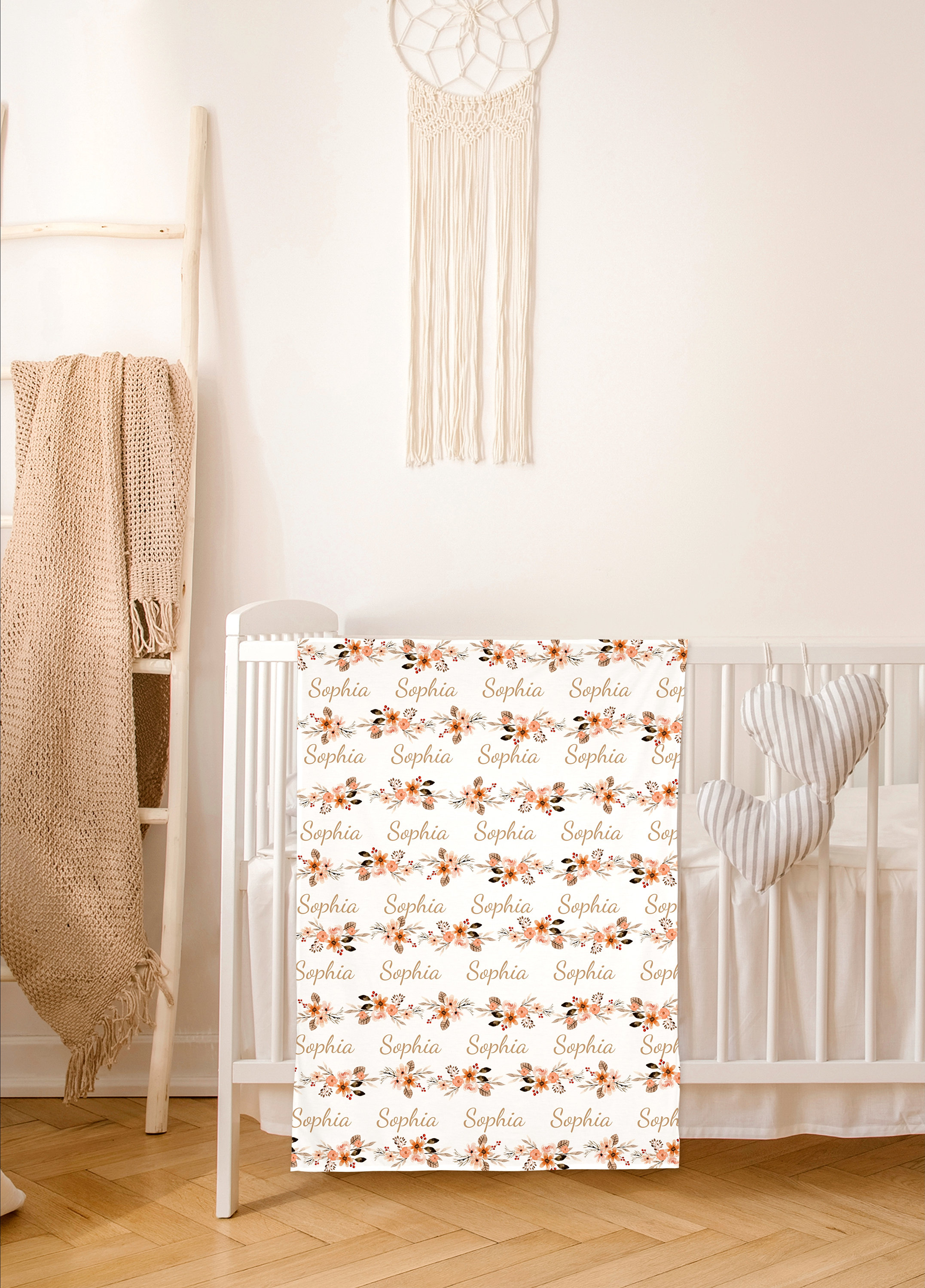 PERSONALISIERTE Wickeldecke mit Pfirsich-Blumenmuster für Neugeborene, Mädchen, Coming-Home-Outfit, Name, Babydecke, Babyparty-Geschenk, Krankenhaus-Foto-Outfit