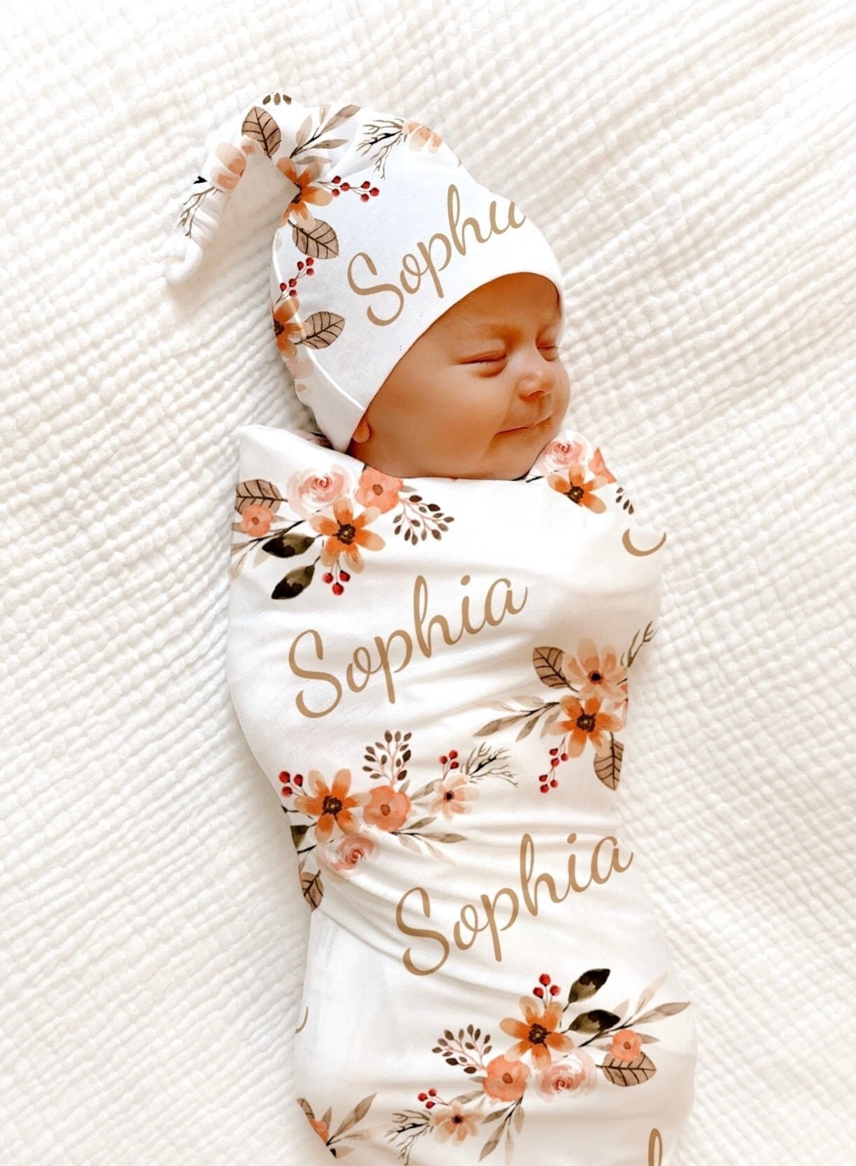 PERSONALIZED Peach Floral Swaddle Blanket Newborn Baby Girl Coming Home Outfit Name Baby Blanket Baby Shower Gift Hospital Photo Outfit
