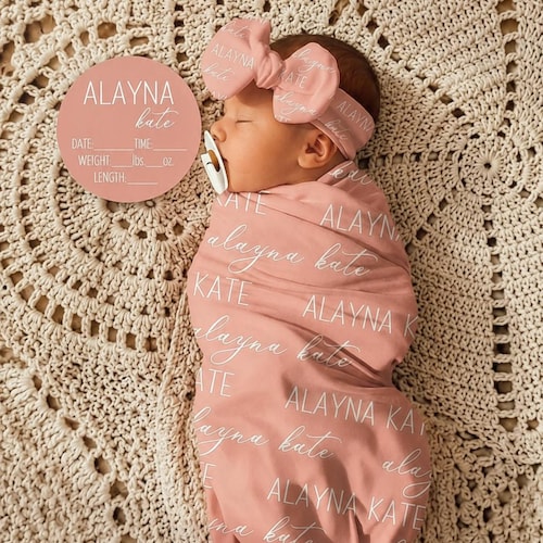NEW! BABY NAME Swaddle - Baby Boy Swaddle Hat Headband Personalized Newborn Baby Girl Coming Home Outfit Hospital Photo Receiving Blanket