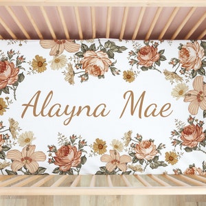 Garden Floral Crib Sheet - Nursery Bedding Set Personalized Baby Shower Gift For Girl Milestone Birth Stat Sign Changing Pad Car Seat Cover