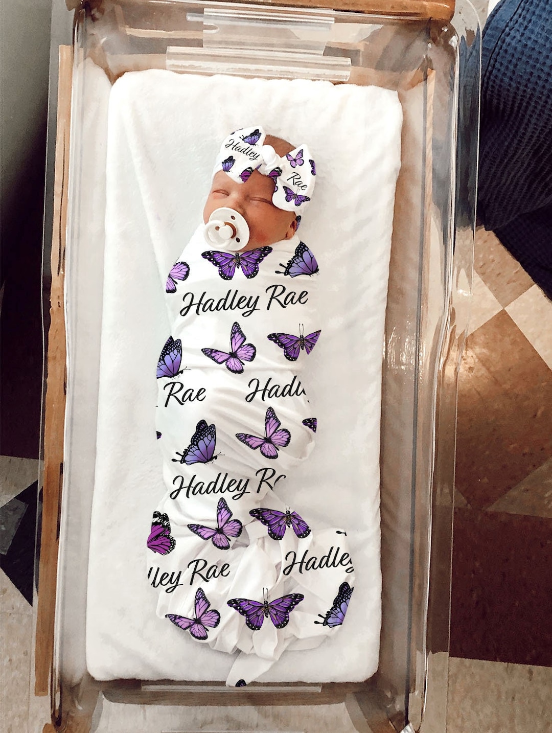 PURPLE Butterfly Baby Blanket PERSONALIZED Swaddle Hat Butterfly Baby