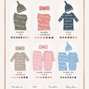 May include: A collection of personalized baby apparel sets from Gray The Label, featuring swaddles, gowns, headbands, and knotted hats in various colors. Each item is customized with names like Easton Lux, Amelia Mae, Jackson Seth, and Sienna Rae.