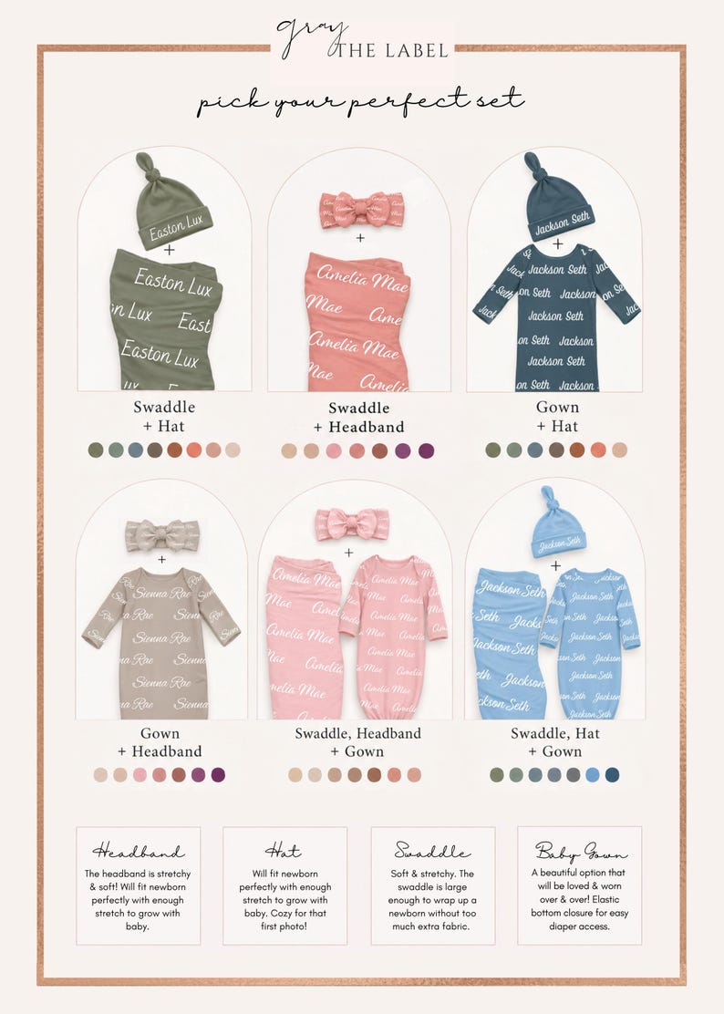 May include: A collection of personalized baby apparel sets from Gray The Label, featuring swaddles, gowns, headbands, and knotted hats in various colors. Each item is customized with names like Easton Lux, Amelia Mae, Jackson Seth, and Sienna Rae.