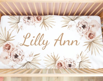 PERSONALIZED Baby Girl Crib Sheet Crib Bedding Set Nursery Neutral Boho Floral Custom Baby Name Minky Blanket Baby Shower Gift Set Milestone