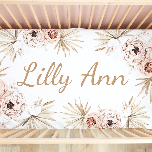 PERSONALIZED Baby Girl Crib Sheet Crib Bedding Set Nursery Neutral Boho Floral Custom Baby Name Minky Blanket Baby Shower Gift Set Milestone