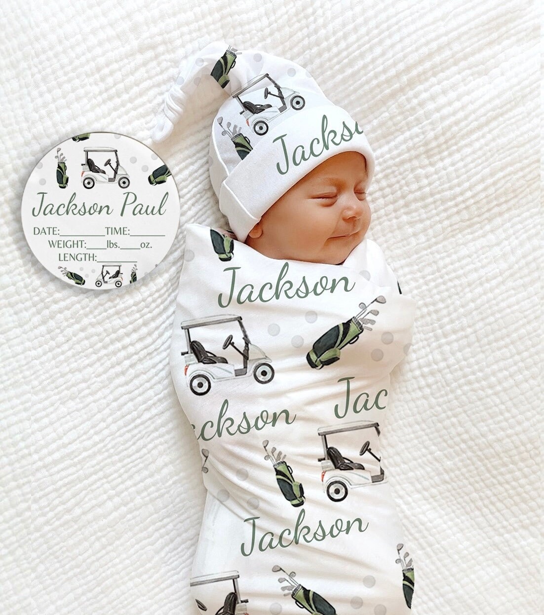WATERCOLOR GOLF SWADDLE Set -Personalized Golf Baby Blanket Gift Set Golf Nursery Name Sign Birth Announcement Golfer Boy Baby Shower Gift —