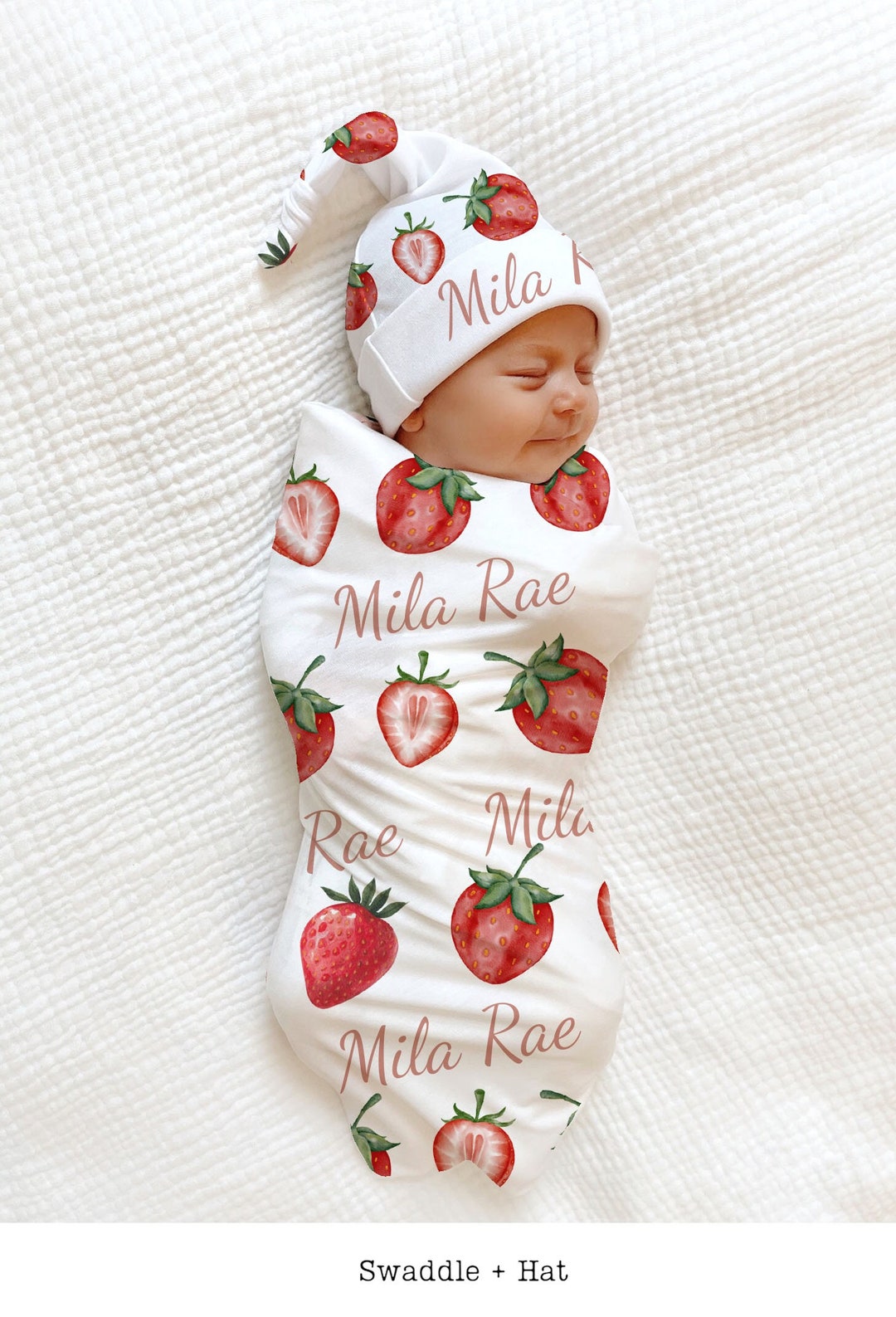 PINK STRAWBERRY Swaddle Blanket PERSONALIZED Newborn Baby Girl Coming
