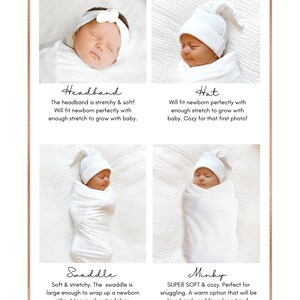 May include: A white headband, hat, swaddle, and minky blanket for a newborn baby. The text "gray THE LABEL" is at the top of the image. The text "*Hat sold separately." is below the hat and swaddle images. The text "*Hat sold separately." is below the minky image. The text "Minky: 30"x40" Swaddle: 30"x40" Large Swaddle: 37"x55" Blankets Printed On One Side. &bull; Items sold individually. Add desired items to your cart one at a time before checking out." is at the bottom of the image.