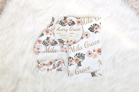 Baby Girl Gift Set Bundle - Personalized Shower Gift Box Ideas Newborn Swaddle Gift Set First 48 Baby Name Announcement Birth Stats Set