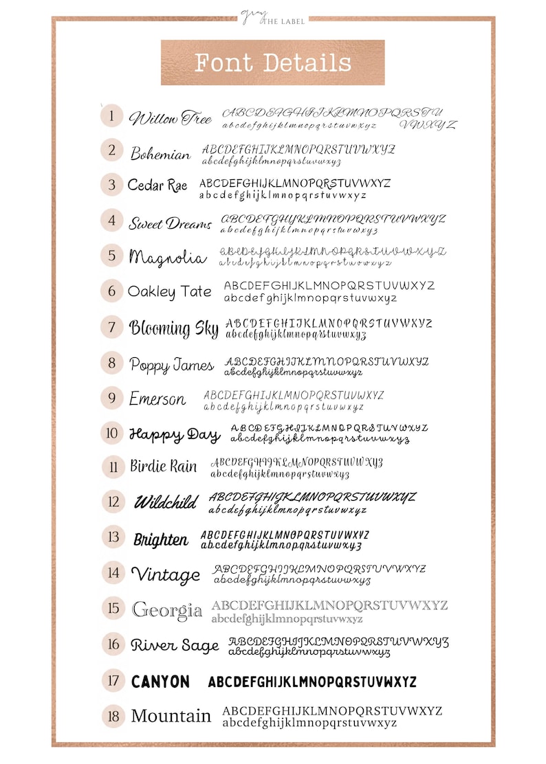 May include: A white informational chart titled Font Details with a rose gold border. It lists 18 numbered font styles, each displaying the name followed by the corresponding uppercase and lowercase alphabet characters in that specific typeface.