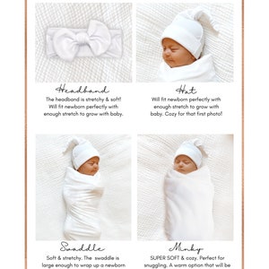 May include: White headband, hat, swaddle, and minky for a newborn baby. The text "gray THE LABEL" is at the top of the image. The text "Minky: 30"x40" Swaddle: 30"x40" Blankets Printed On One Side. * Items sold individually. Add desired items to your cart one at a time before checking out." is at the bottom of the image.
