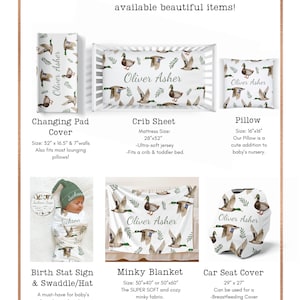 May include: A set of nursery items featuring a duck and leaf pattern. The items include a changing pad cover, crib sheet, pillow, birth stat sign and swaddle/hat, minky blanket, and car seat cover. The items are personalized with the name "Oliver Asher".