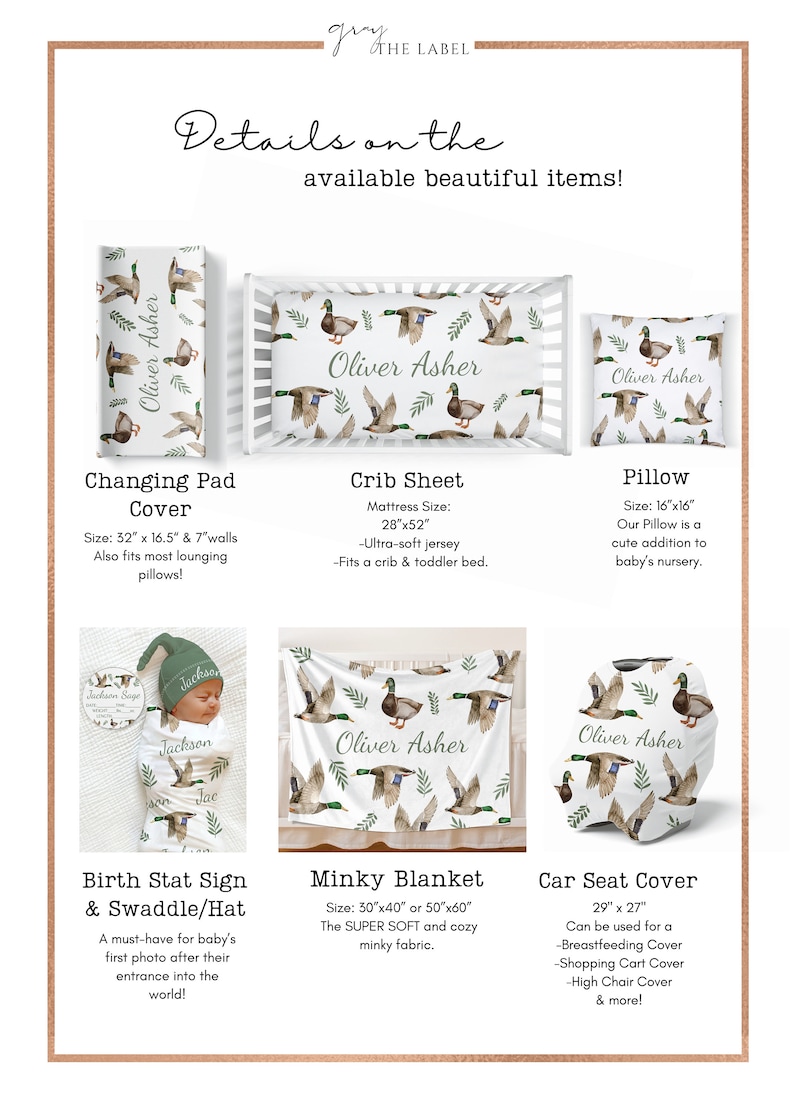 May include: A set of nursery items featuring a duck and leaf pattern. The items include a changing pad cover, crib sheet, pillow, birth stat sign and swaddle/hat, minky blanket, and car seat cover. The items are personalized with the name "Oliver Asher".