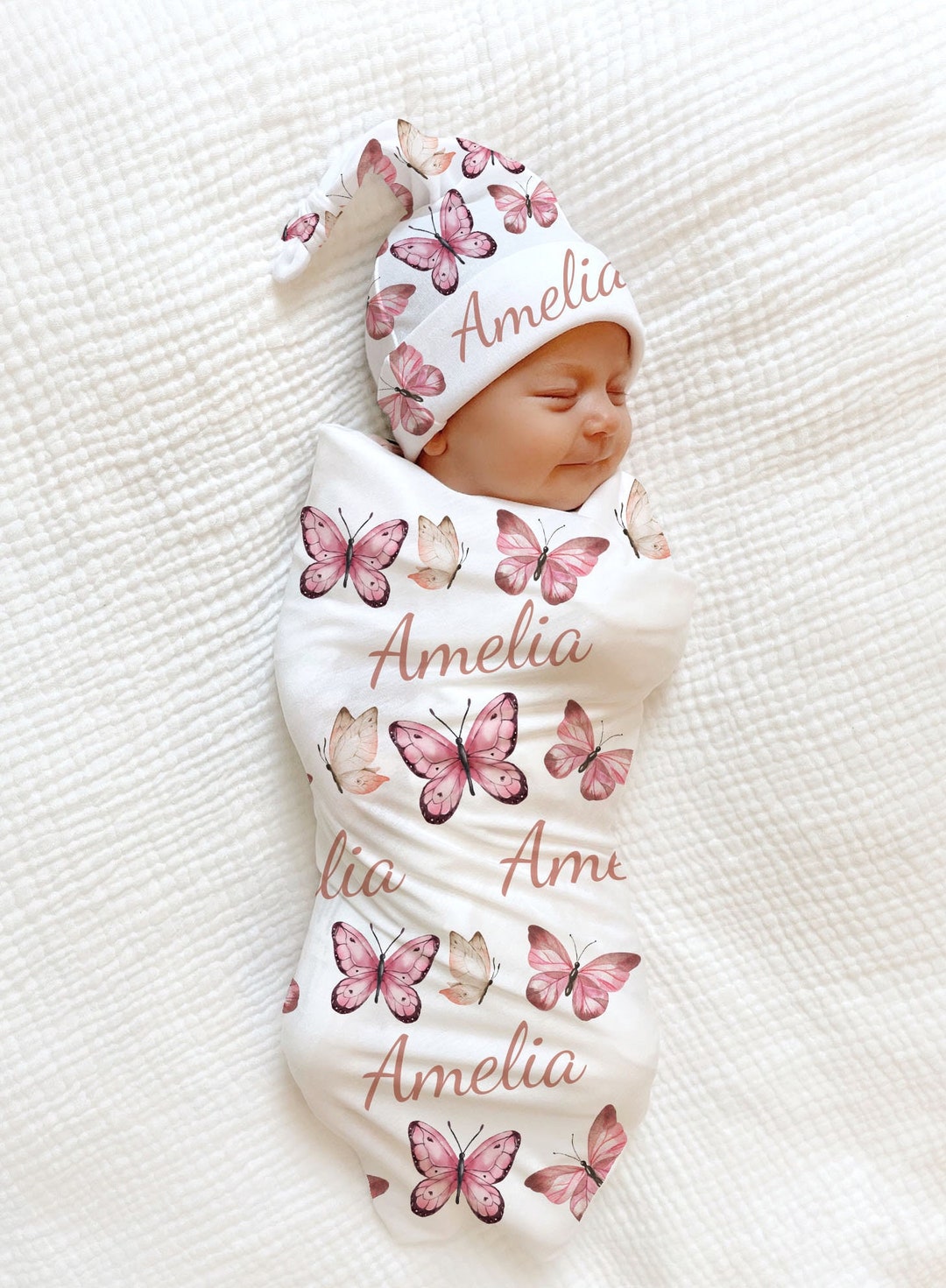 PINK BUTTERFLY Swaddle Blanket PERSONALIZED Newborn Baby Girl Coming