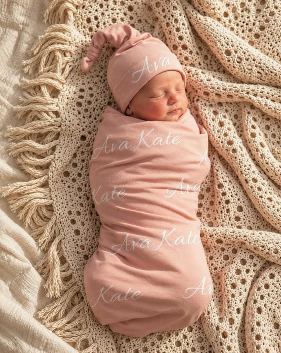 Baby Name Swaddle, Personalized Newborn Wrap Set - Coming Home Outfit, Hat And Receiving Blanket, Hospital Photo Prop Keepsake