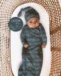 BABY NAME Swaddle Blanket, Baby Gown, Hat, Headband, Birth Stat Sign Set