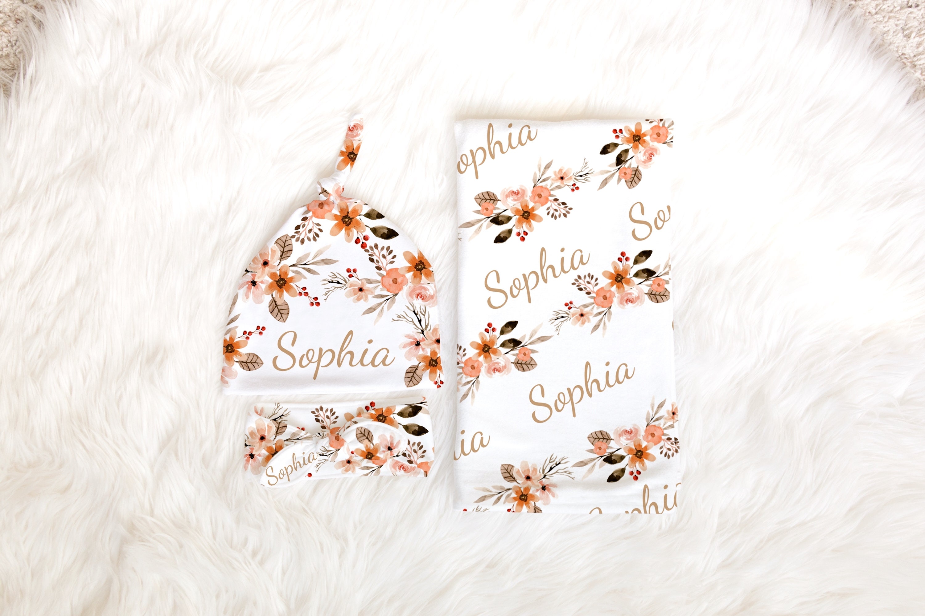 PERSONALISIERTE Wickeldecke mit Pfirsich-Blumenmuster für Neugeborene, Mädchen, Coming-Home-Outfit, Name, Babydecke, Babyparty-Geschenk, Krankenhaus-Foto-Outfit