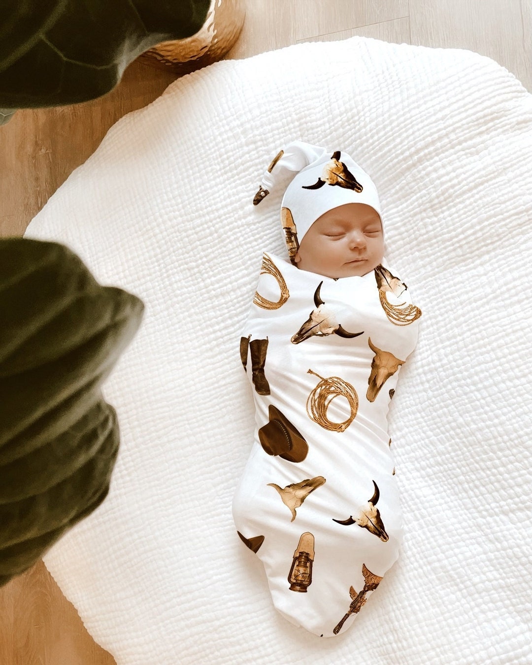 COWBOY SWADDLE Blanket Hat Hospital Announcement Baby Boy Blanket Set