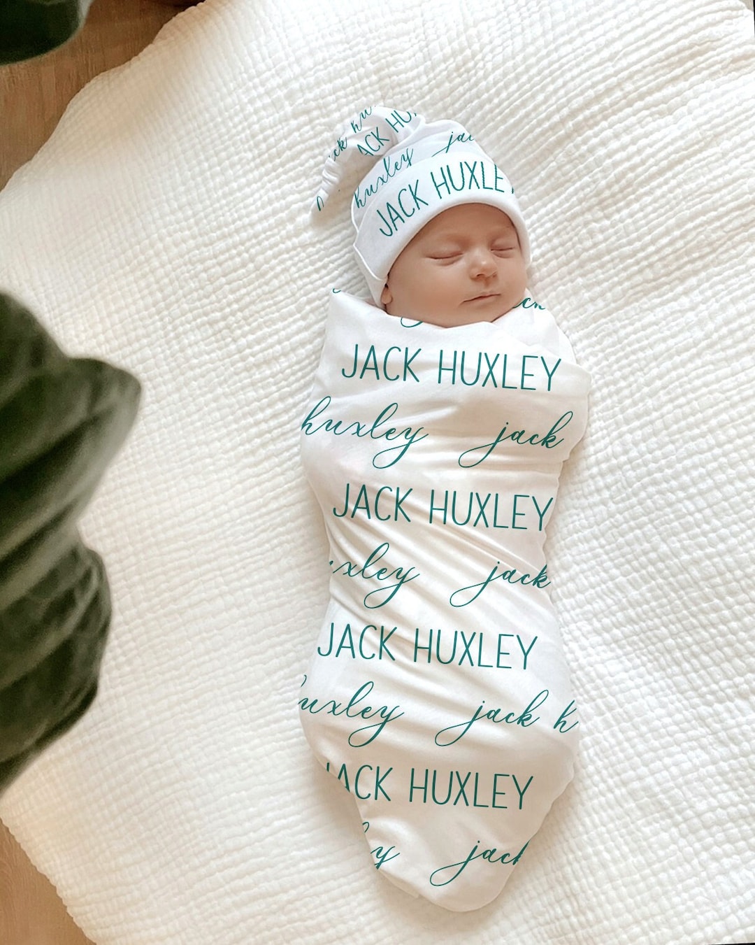 PERSONALIZED BABY Swaddle Baby Boy Gown & Knotted Hat Newborn Baby Boy
