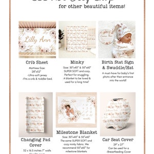 May include: A collection of baby products featuring a floral pattern in peach and cream colours. The products include a crib sheet, minky blanket, milestone blanket, changing pad cover, and car seat cover. The text "Lilly Ann" is visible on the crib sheet.