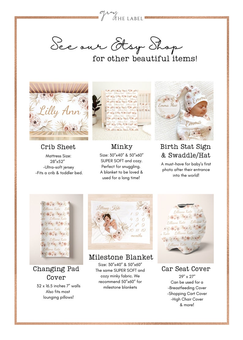 May include: A collection of baby products featuring a floral pattern in peach and cream colours. The products include a crib sheet, minky blanket, milestone blanket, changing pad cover, and car seat cover. The text "Lilly Ann" is visible on the crib sheet.