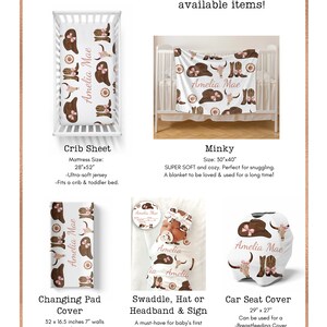 May include: A set of baby items with a cowgirl theme. The items include a crib sheet, a minky blanket, a changing pad cover, a swaddle, a hat or headband, and a car seat cover. All items feature a brown and pink cowgirl design with the name "Amelia Mae" printed on them.