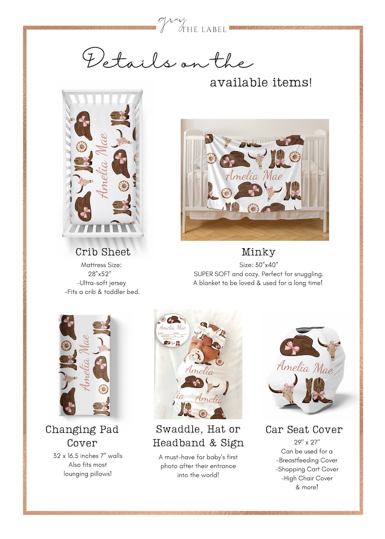 May include: A set of baby items with a cowgirl theme. The items include a crib sheet, a minky blanket, a changing pad cover, a swaddle, a hat or headband, and a car seat cover. All items feature a brown and pink cowgirl design with the name "Amelia Mae" printed on them.