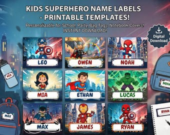 Printable Superhero Name Labels for Kids | Personalized School Tags, Back to School Stickers