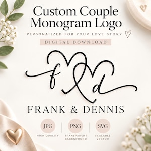 Può includere: Un design grafico digitale con il testo Custom Couple Monogram Logo, Personalized for your love story, Digital Download, Frank & Dennis, e JPG, PNG, SVG. L'elemento centrale è un monogramma in corsivo nero delle lettere f e d.
