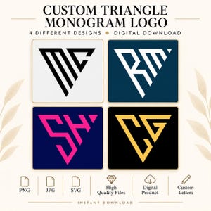 Può includere: Un set grafico digitale intitolato CUSTOM TRIANGLE MONOGRAM LOGO che presenta quattro diverse combinazioni di lettere triangolari in nero, bianco, blu scuro e oro. Include formati di file PNG, JPG e SVG per lettere personalizzate da scaricare.