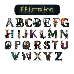 Fonte de alfabeto inspirada em bruxos mágicos | Arte de letras de personagens de fantasia | Clipart de A a Z para impressão para crianças e decoração