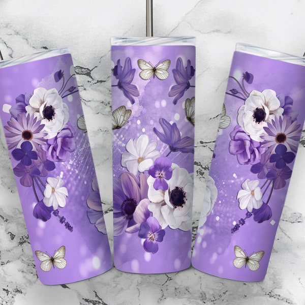 Purple Flowers 20oz Skinny Tumbler, Sublimation Tumbler Design, Floral  Wrap Template