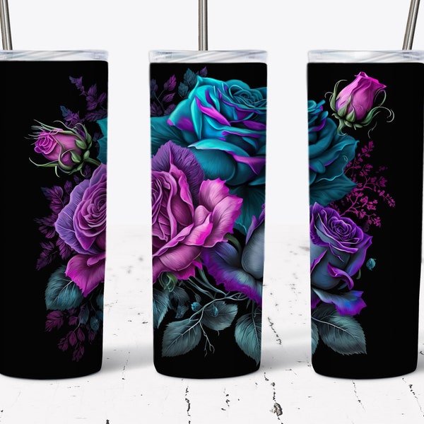 Amazing Roses 20oz Skinny Tumbler, Sublimation Tumbler Design, Purple Blue Pink Roses,  Floral  Wrap Template