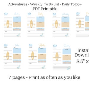 Adventures - Weekly To Do List - Daily To Do List - 8.5&quot; x 11&quot; - Printable - Instant Download