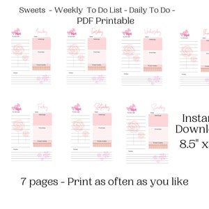 Sweets - Weekly To Do List - Daily To Do List - 8.5&quot; x 11&quot; - Printable - Instant Download