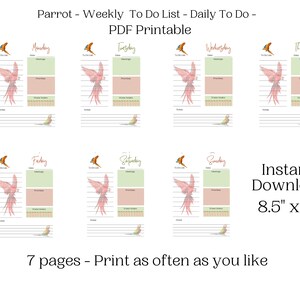 Parrot - Weekly To Do List - Daily To Do List - 8.5&quot; x 11&quot; - Printable - Instant Download