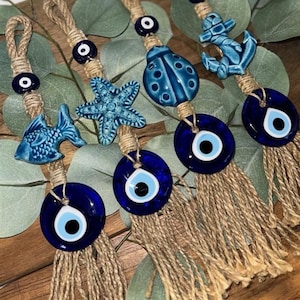 Evil Eye Wall Hanging-Ceramic Wall Hanging-Evil Eye Wall Decor-Hanging Decoration-Handmade Evil Eye Gift-Rope Hanging-Boho Wall Hanging