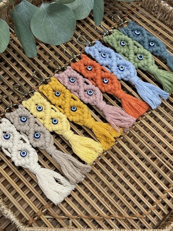 Macrame Evil Eye-Macrame Keychain-Keychain-Handmade Keychain-Boho Keychain-Backpack Charm-Woven Keychain-Colorful Keychain-Boho Accessory