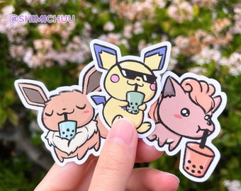 Boba Buddies Pokemon Stickers | Eevee, Vulpix, Pichu drinking Boba