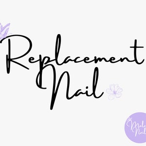 Puede incluir: Fondo blanco con las palabras "Replacement Nail" en escritura negra. Una mariposa y una flor de color lila claro están a la izquierda y a la derecha. Un pequeño círculo lila con las palabras "Meladri Nails" está en la parte inferior derecha.