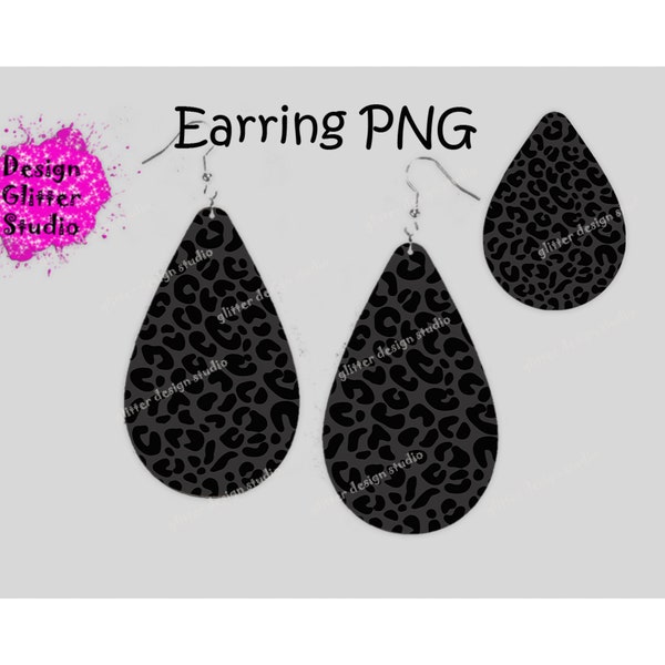 Matte Black Leopard Teardrop Earrings Png,Black Earrings Templates,Leopard Print Earrings Sublimation,Cheetah Earring Sublimation Design